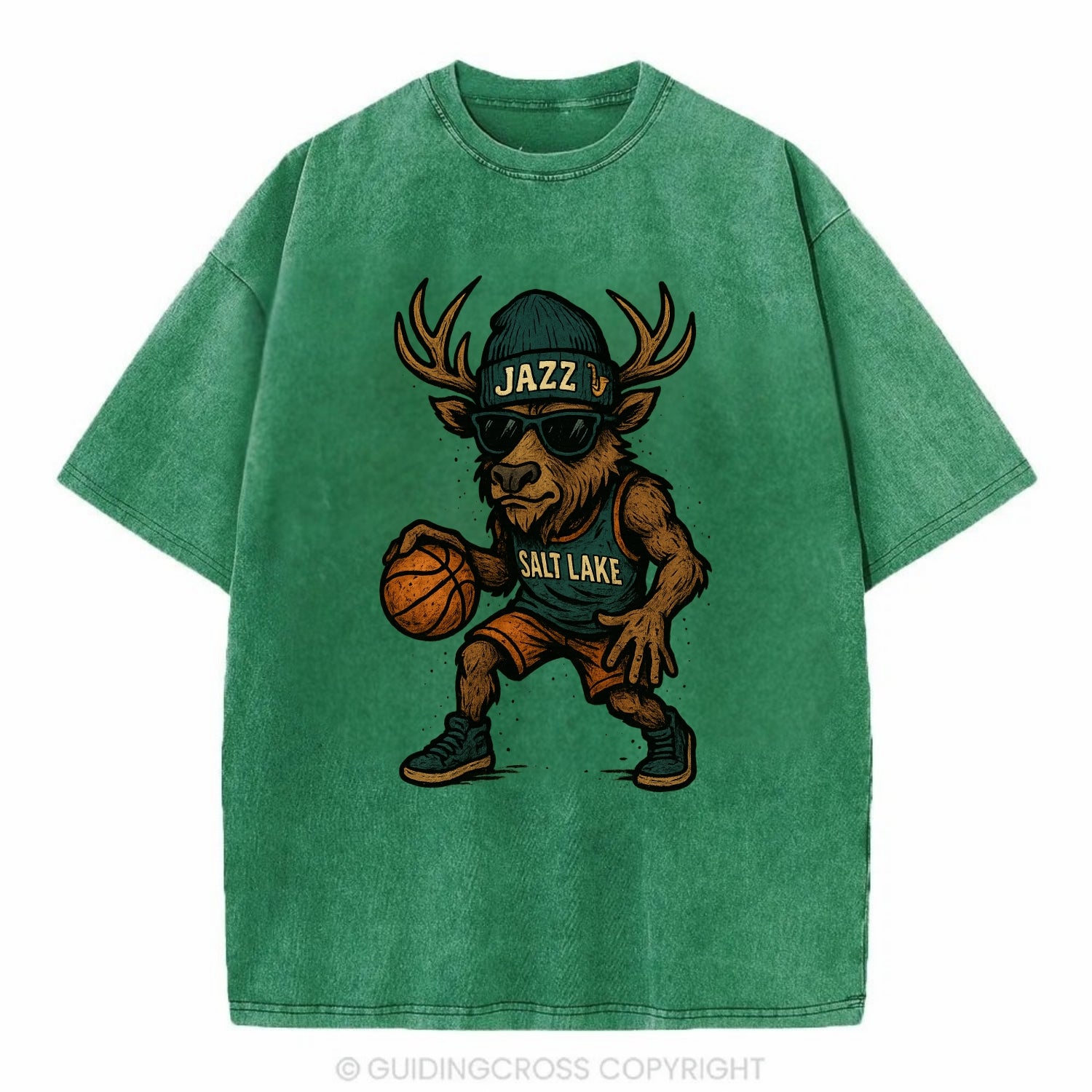 Salt Lake Elk wearing Jazz beanie with saxophone patch and wayfarer sunglasses - Vintage T-shirt - Forest Mist(Green)