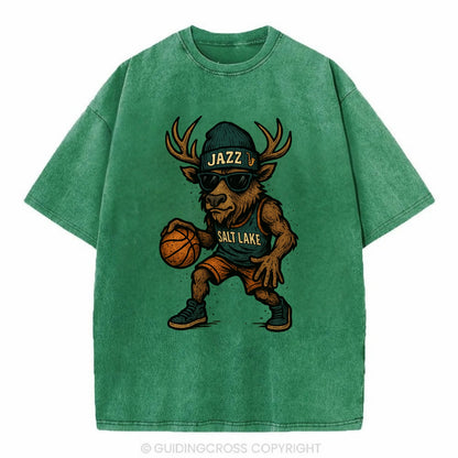 Salt Lake Elk wearing Jazz beanie with saxophone patch and wayfarer sunglasses - Vintage T-shirt - Forest Mist(Green)