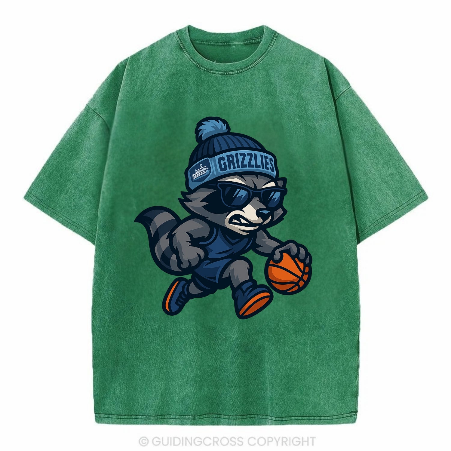 Memphis Raccoon wearing Grizzlies beanie with riverboat patch and wayfarer - Vintage T-shirt - Forest Mist(Green)