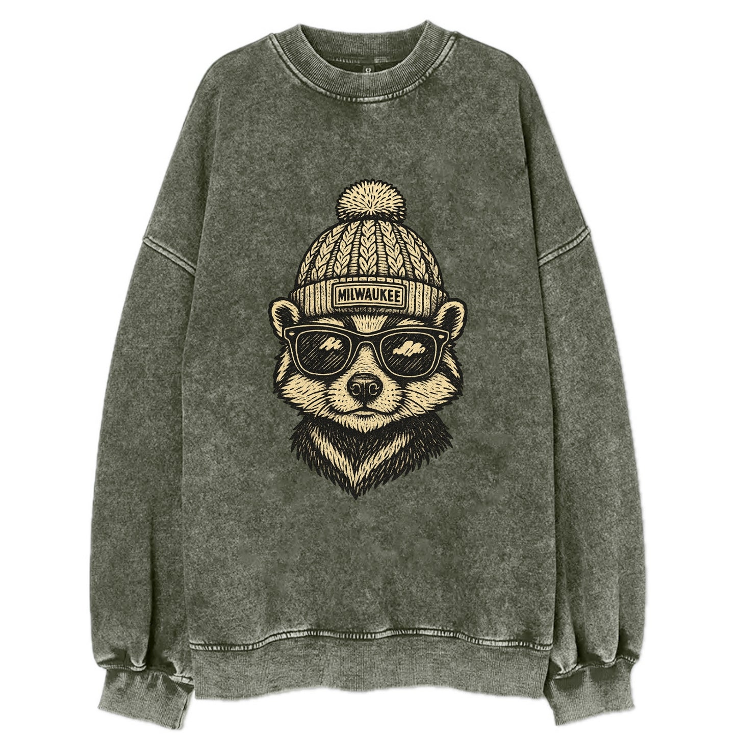 Wisconsin Badger wearing Milwaukee beanie with pom pom and wayfarer sunglasses - Vintage Sweatshirt - Forest Mist(Green)