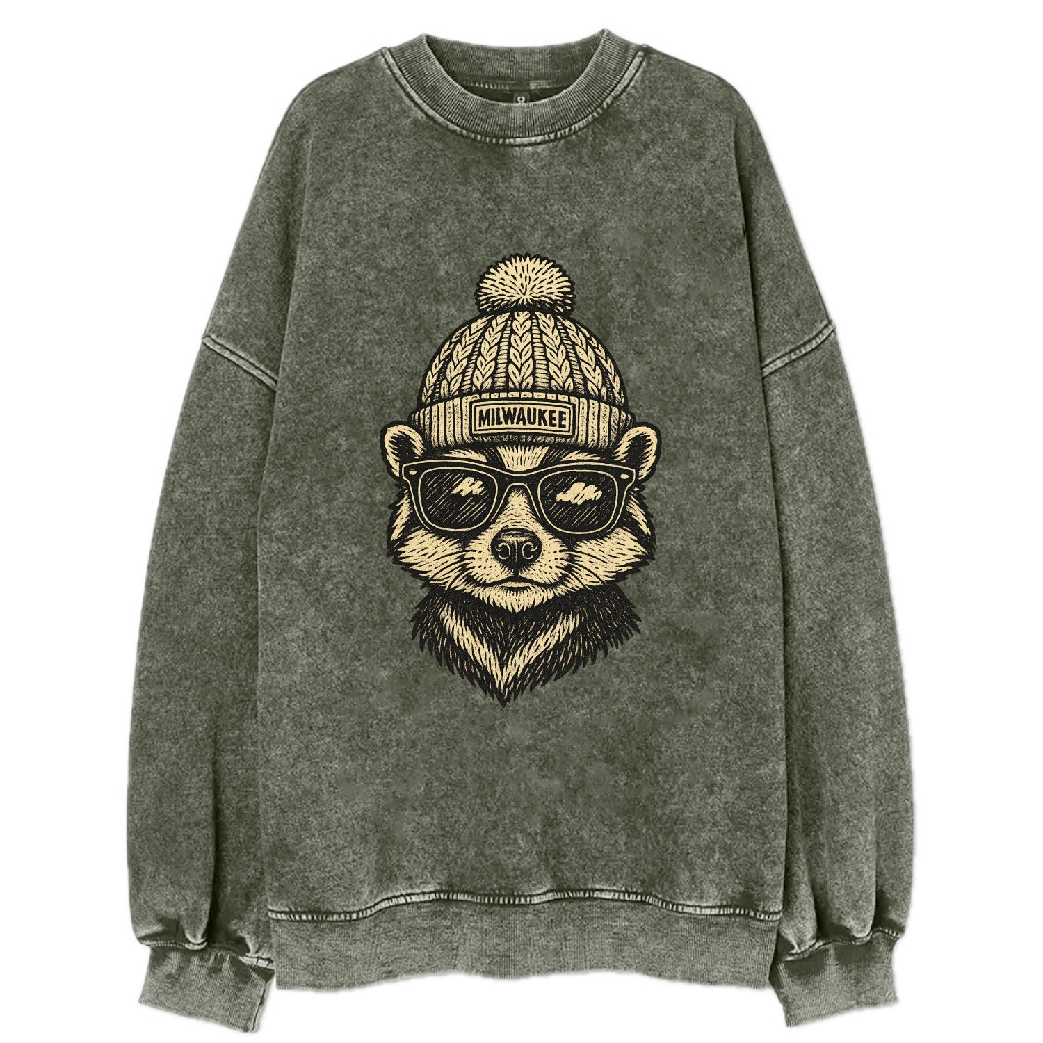 Wisconsin Badger wearing Milwaukee beanie with pom pom and wayfarer sunglasses - Vintage Sweatshirt - Forest Mist(Green)