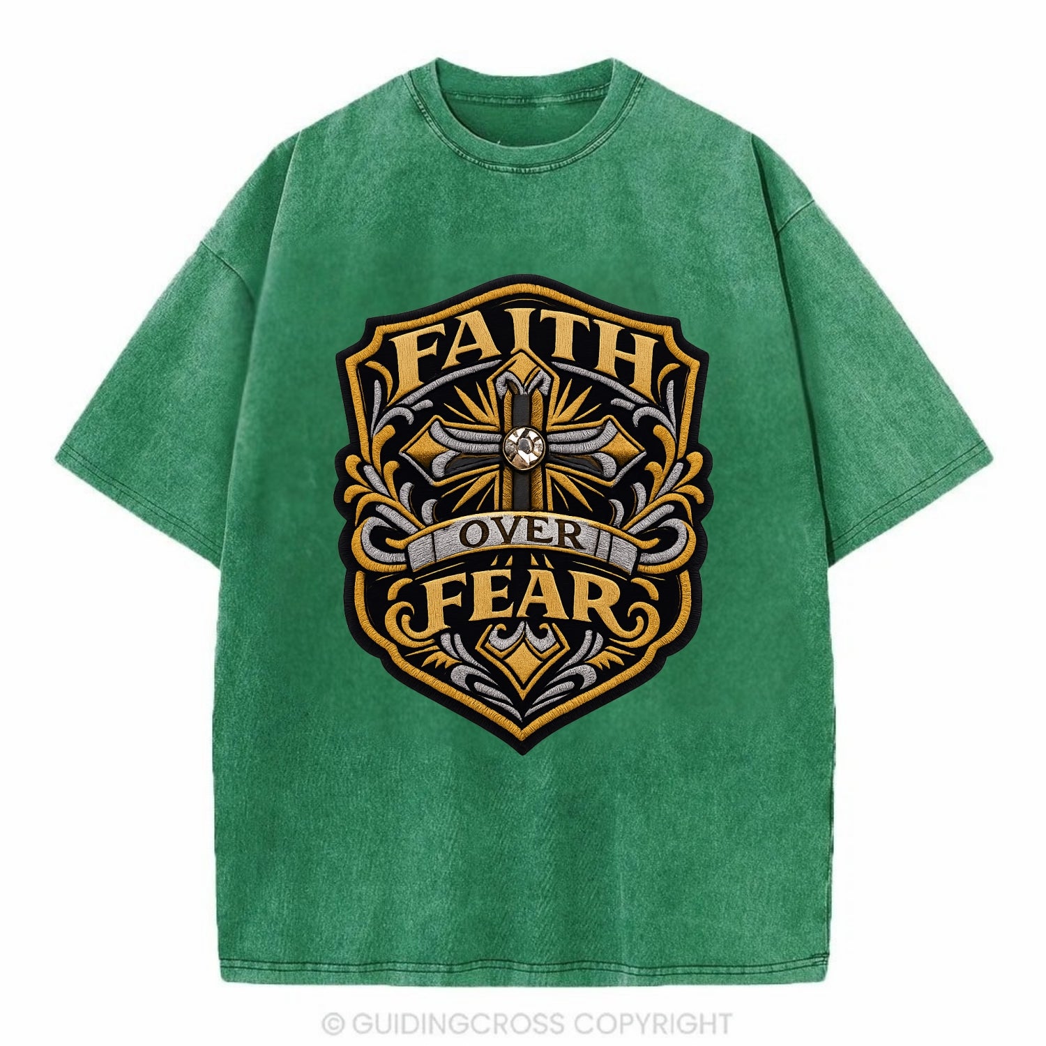 FAITH OVER FEAR - cross with text in gold , spiritual strength - Vintage T-shirt - Forest Mist(Green)