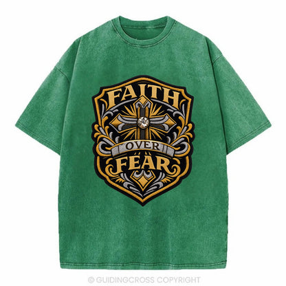 FAITH OVER FEAR - cross with text in gold , spiritual strength - Vintage T-shirt - Forest Mist(Green)