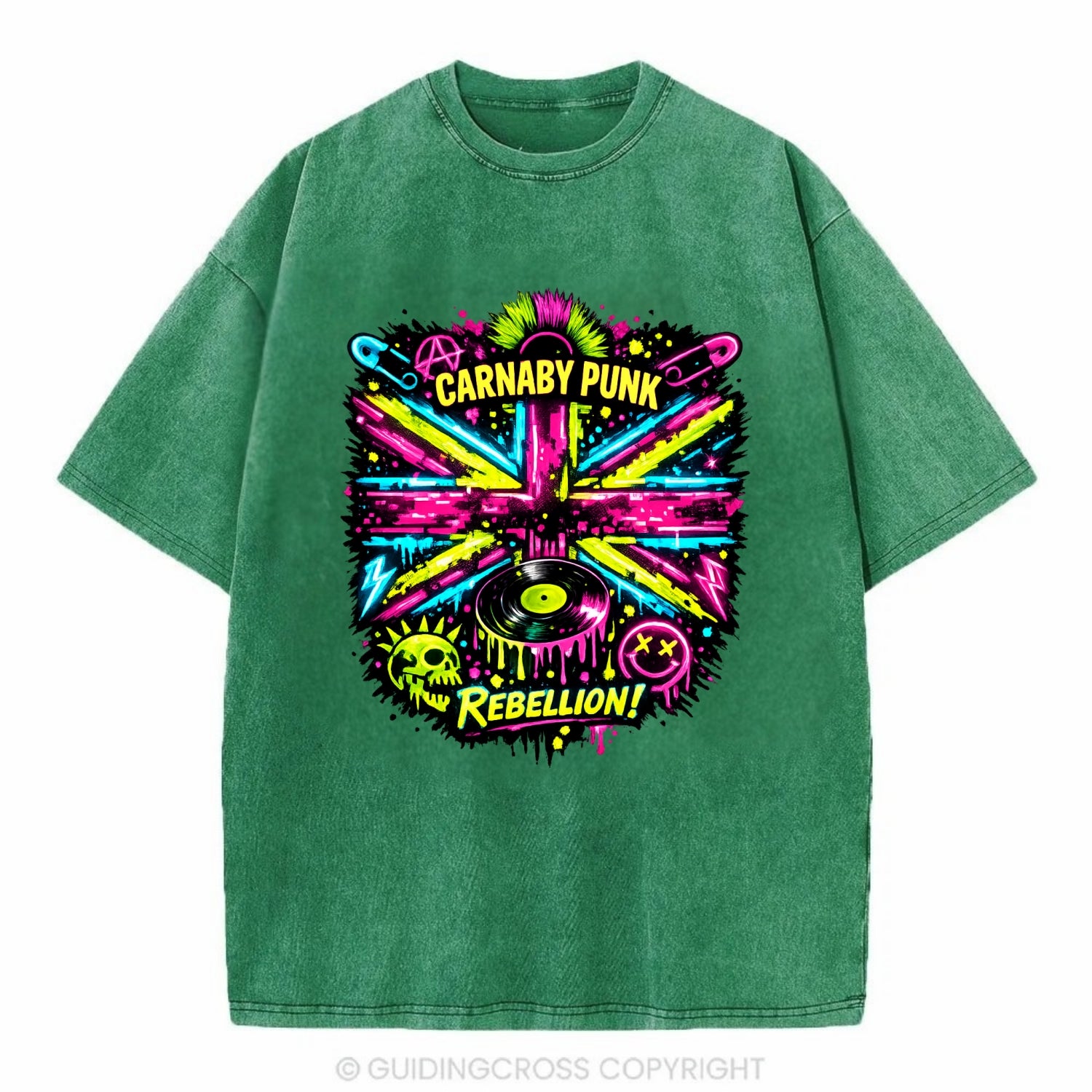 CARNABY PUNK | Swinging 60s meets 70s punk | Psychedelic Union Jack pattern | - Vintage T-shirt - Forest Mist(Green)