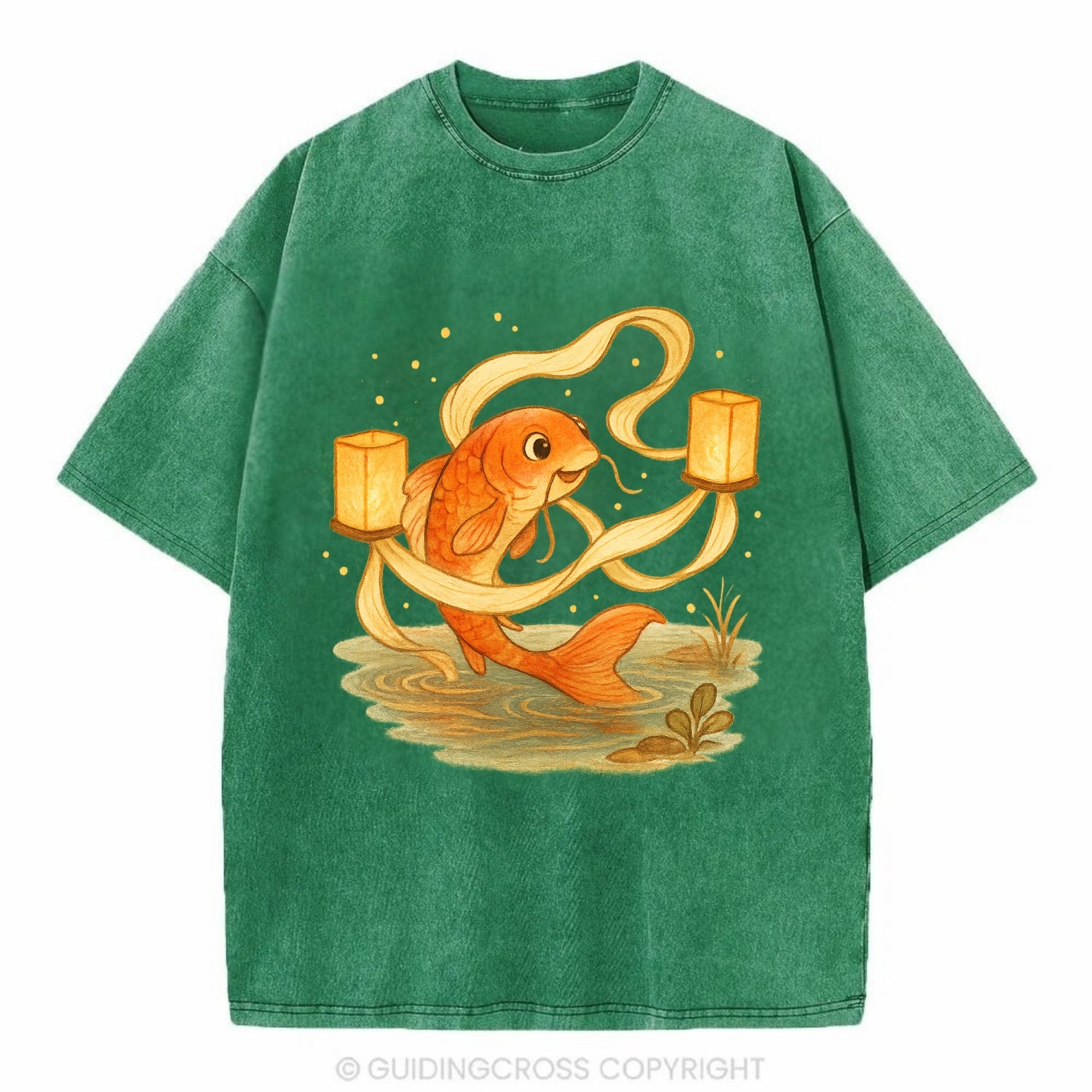 Koi weaving silk streamers through floating lanterns on tranquil water - Vintage T-shirt - Forest Mist(Green)