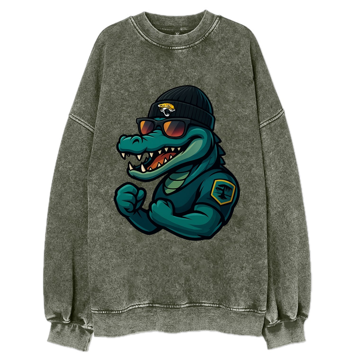 Jacksonville Alligator wearing Jaguars beanie with swamp patch and wayfarer - Vintage Sweatshirt - Forest Mist(Green)