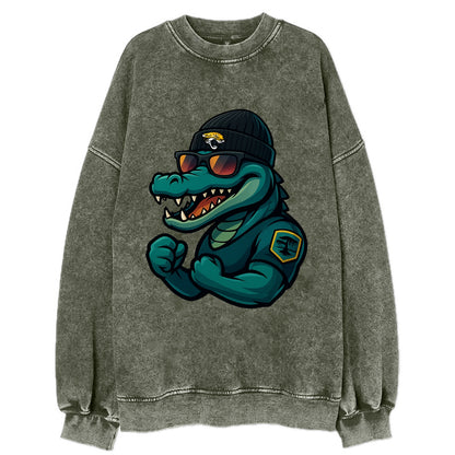 Jacksonville Alligator wearing Jaguars beanie with swamp patch and wayfarer - Vintage Sweatshirt - Forest Mist(Green)