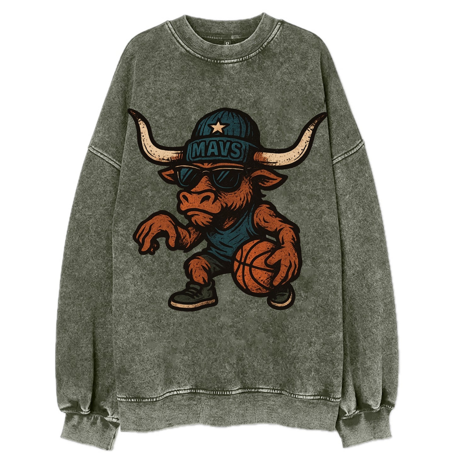 Texas Longhorn wearing Mavs beanie with lone star patch and wayfarer sunglasses - Vintage Sweatshirt - Forest Mist(Green)
