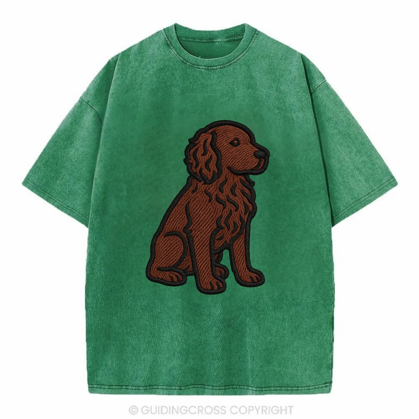Boykin Spaniel - Rich chocolate brown wavy coat embroidered sitting pose - Vintage T-shirt - Forest Mist(Green)