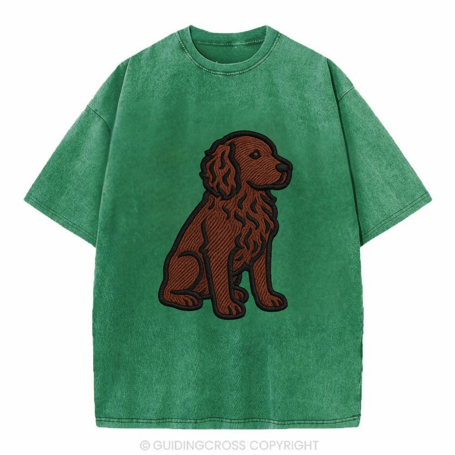 Boykin Spaniel - Rich chocolate brown wavy coat embroidered sitting pose - Vintage T-shirt - Forest Mist(Green)