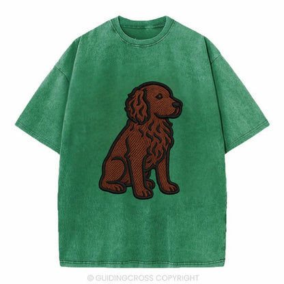 Boykin Spaniel - Rich chocolate brown wavy coat embroidered sitting pose - Vintage T-shirt - Forest Mist(Green)