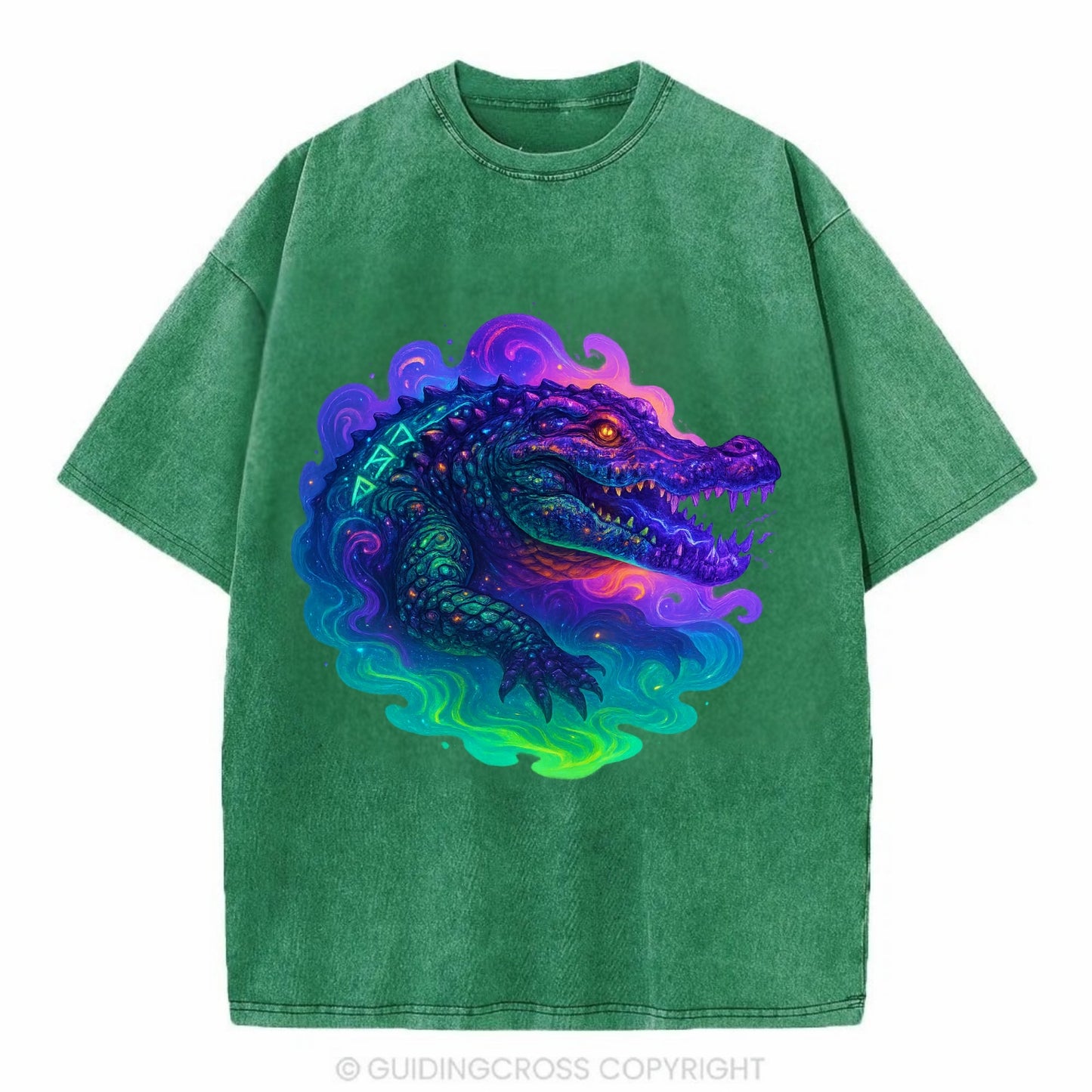 Primordial crocodile with scales pulsing plasma energy in green and purple, - Vintage T-shirt - Forest Mist(Green)
