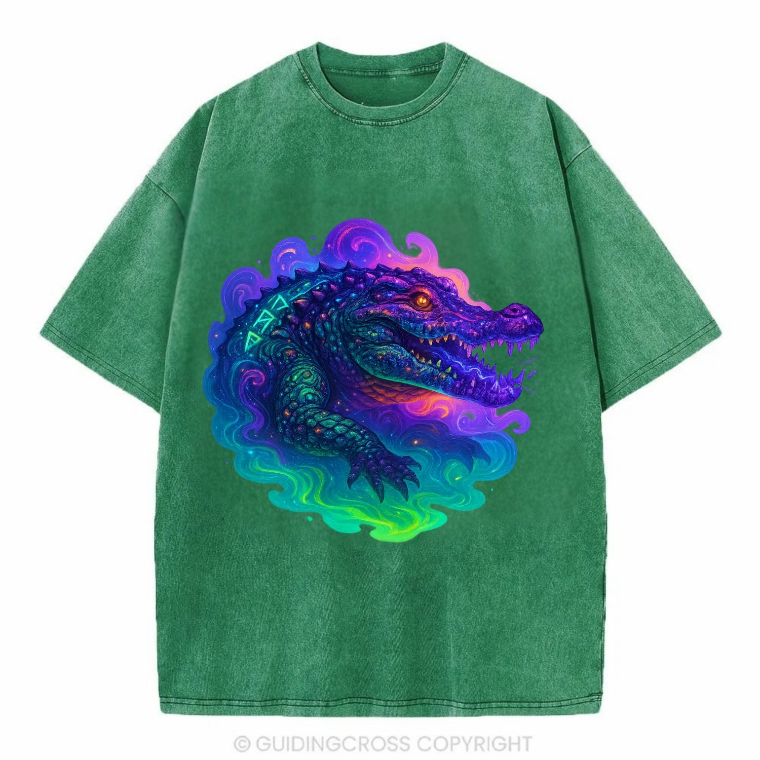 Primordial crocodile with scales pulsing plasma energy in green and purple, - Vintage T-shirt - Forest Mist(Green)