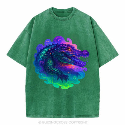 Primordial crocodile with scales pulsing plasma energy in green and purple, - Vintage T-shirt - Forest Mist(Green)