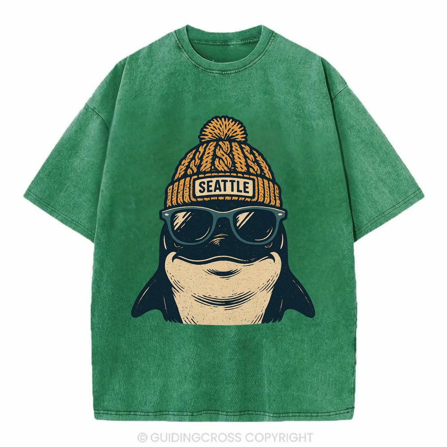 Seattle Orca wearing Seattle beanie with pom pom and wayfarer sunglasses - Vintage T-shirt - Forest Mist(Green)