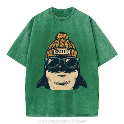 Seattle Orca wearing Seattle beanie with pom pom and wayfarer sunglasses - Vintage T-shirt - Forest Mist(Green)