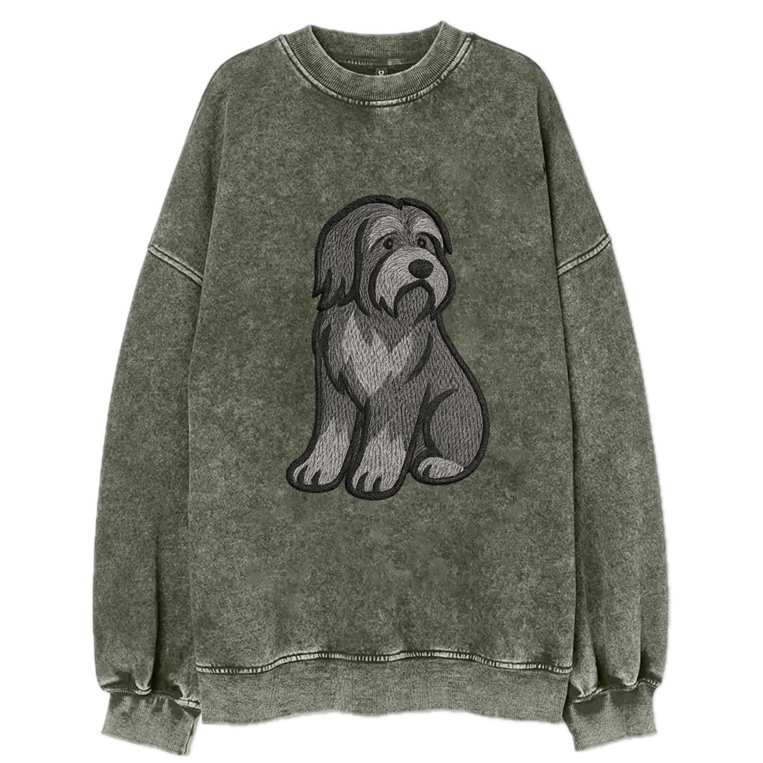 Bearded Collie - Gray shaggy coat embroidered pose - Vintage Sweatshirt - Forest Mist(Green)