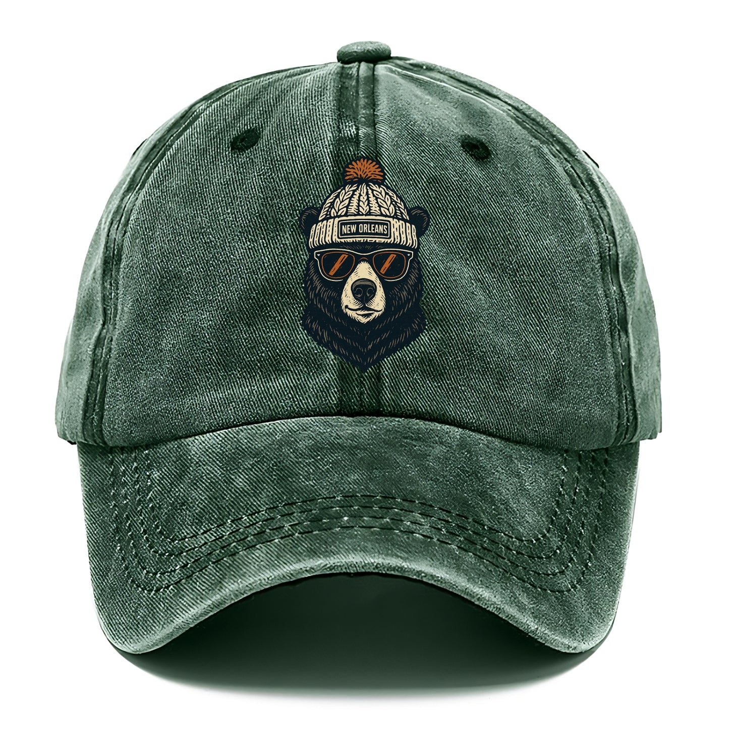 Louisiana Black Bear wearing New Orleans beanie with pom pom and wayfarer sunglasses - Classic Cap - Forest Mist(Green)