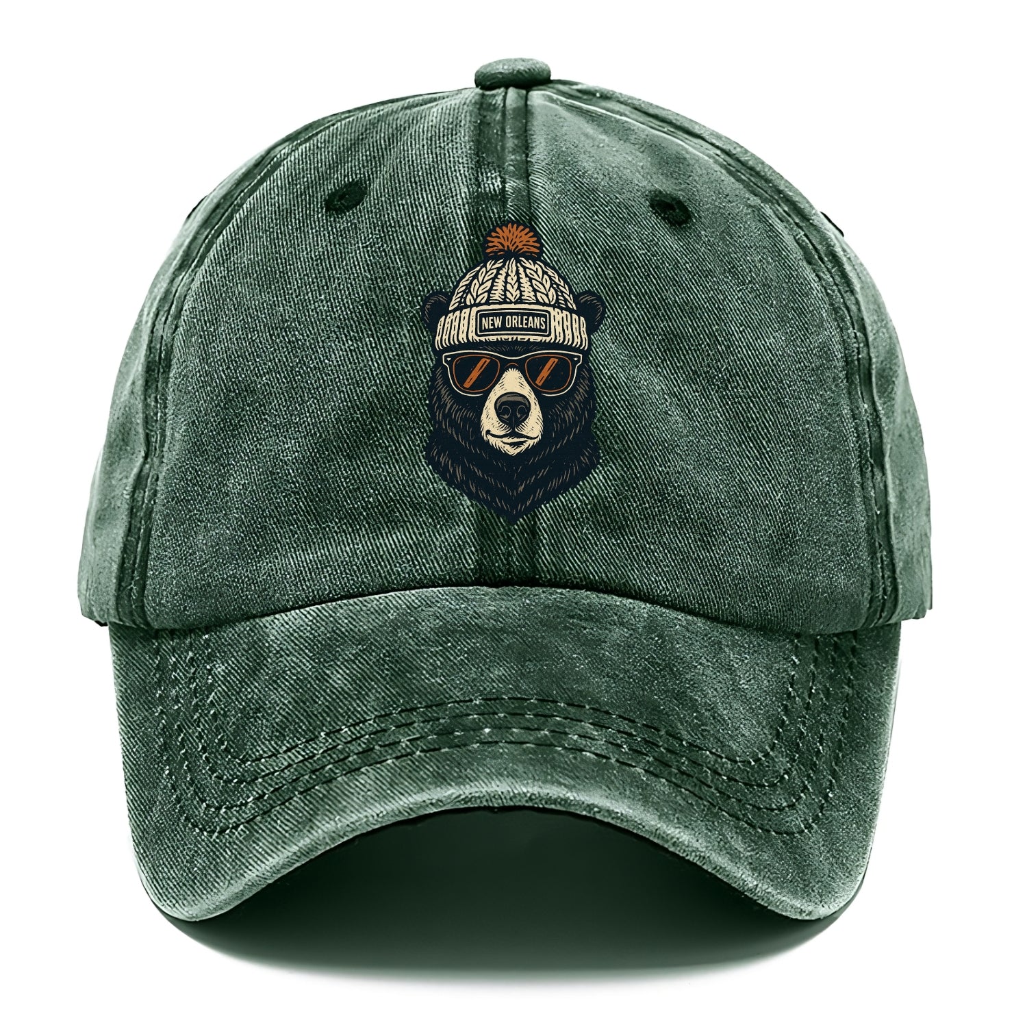 Louisiana Black Bear wearing New Orleans beanie with pom pom and wayfarer sunglasses - Classic Cap - Forest Mist(Green)