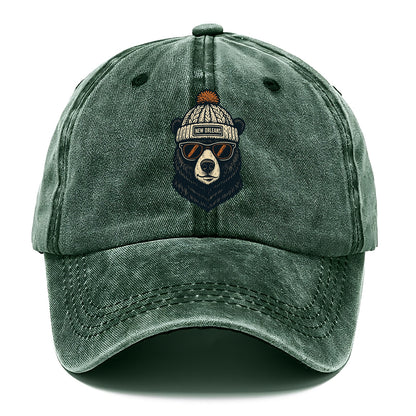 Louisiana Black Bear wearing New Orleans beanie with pom pom and wayfarer sunglasses - Classic Cap - Forest Mist(Green)