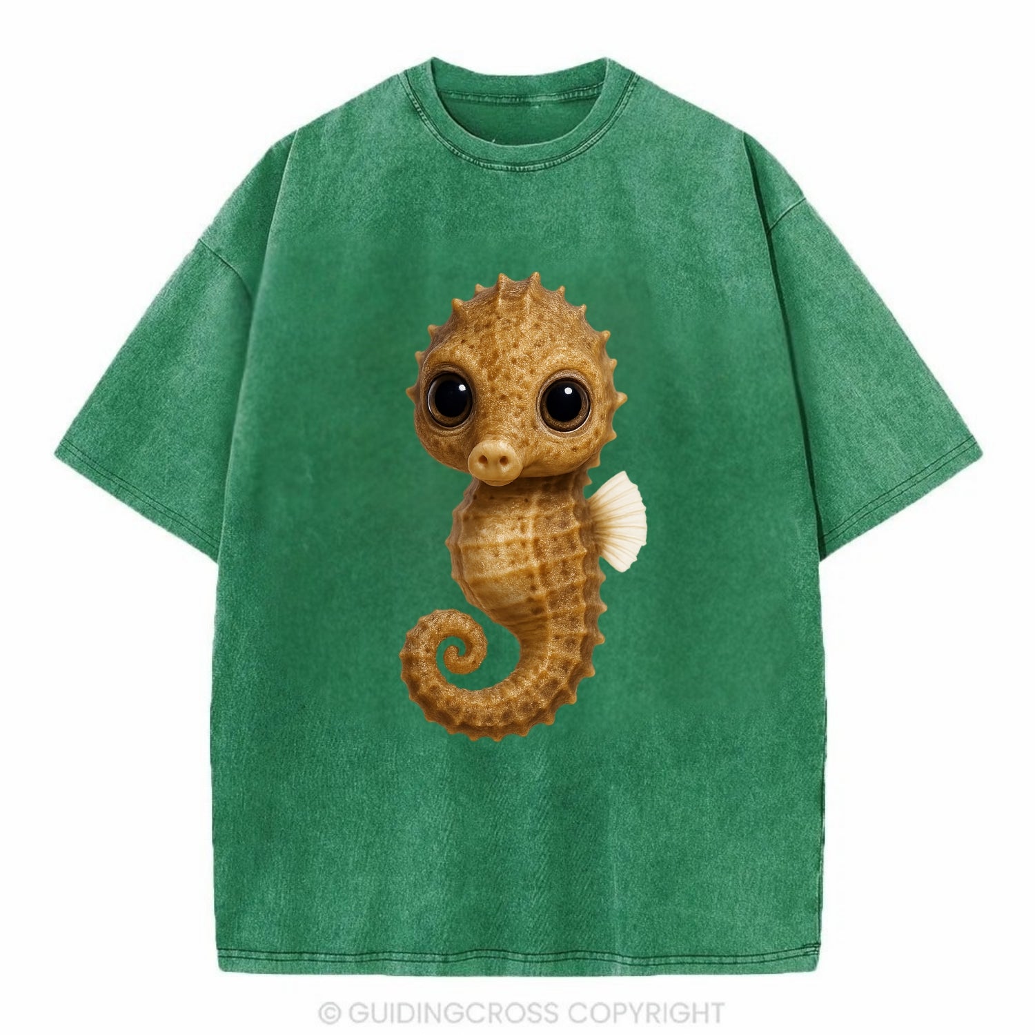 Baby Seahorse - curled tail, snout, large eyes, front-facing, delicate and cute - Vintage T-shirt - Forest Mist(Green)
