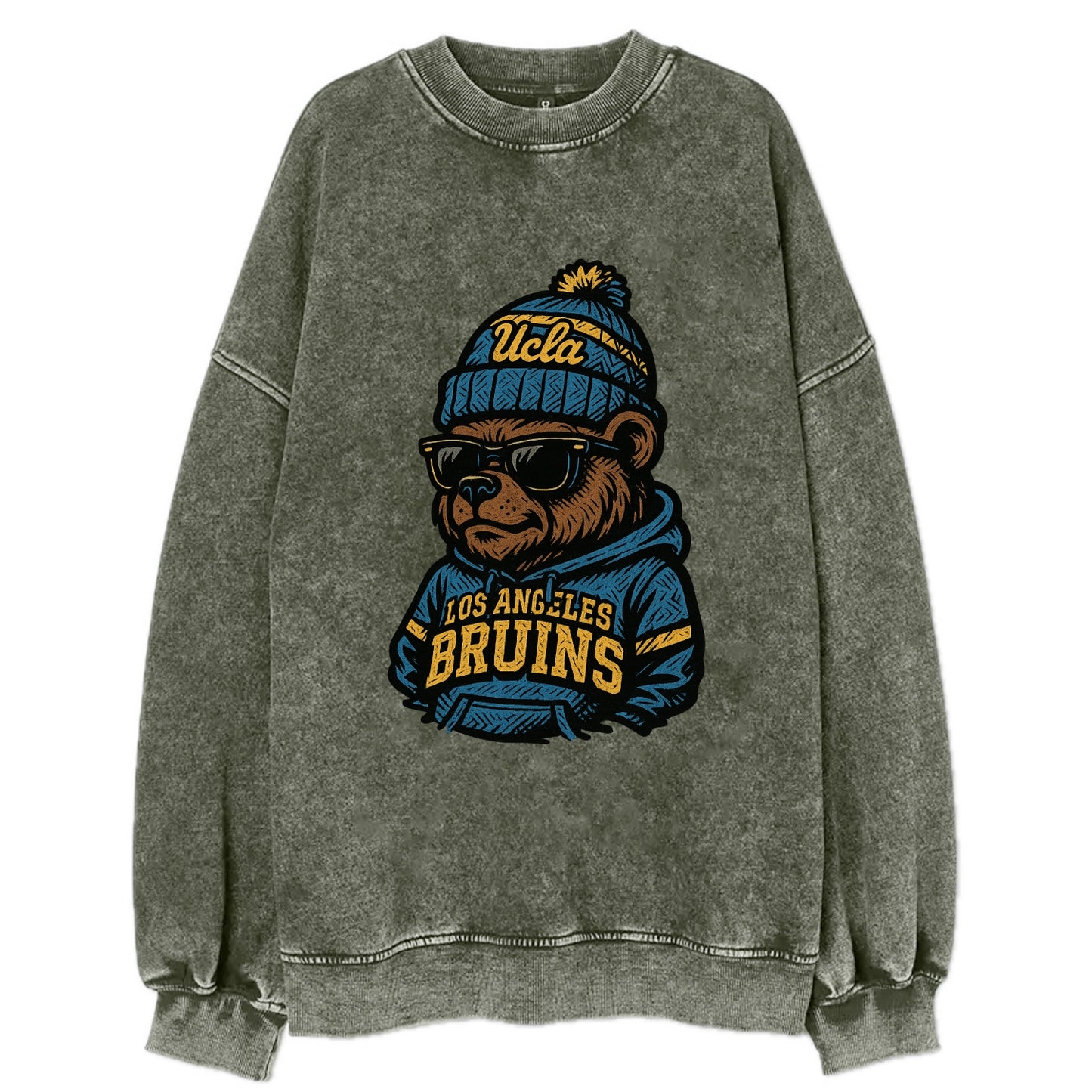 Los Angeles Bruin wearing UCLA beanie with script patch - Vintage Sweatshirt - Forest Mist(Green)