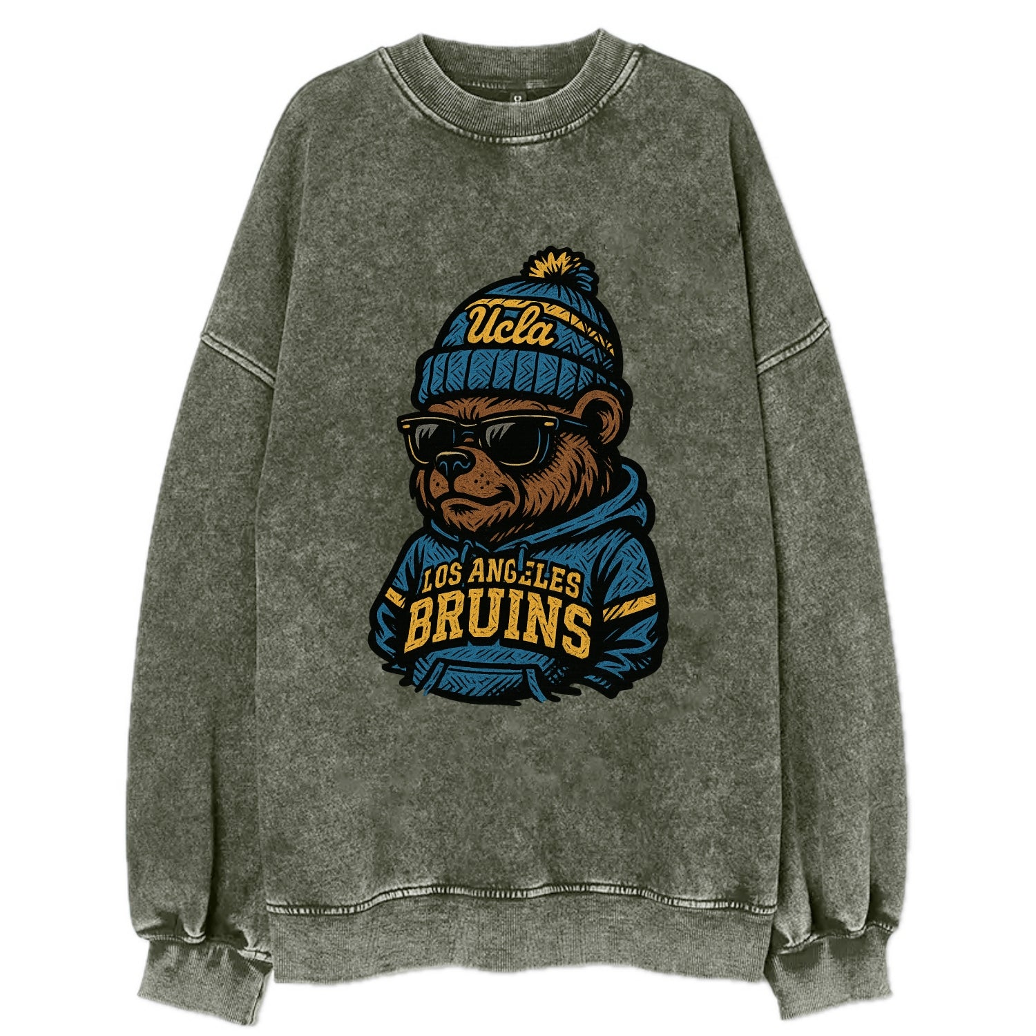 Los Angeles Bruin wearing UCLA beanie with script patch - Vintage Sweatshirt - Forest Mist(Green)