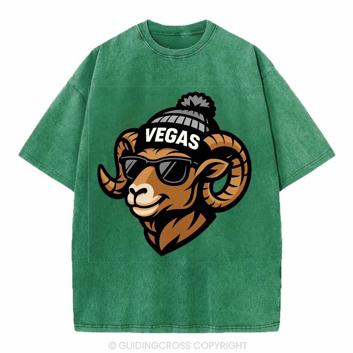 Vegas Desert Bighorn wearing Raiders silver and black beanie with pom pom and - Vintage T-shirt - Forest Mist(Green)
