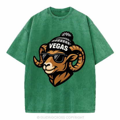 Vegas Desert Bighorn wearing Raiders silver and black beanie with pom pom and - Vintage T-shirt - Forest Mist(Green)