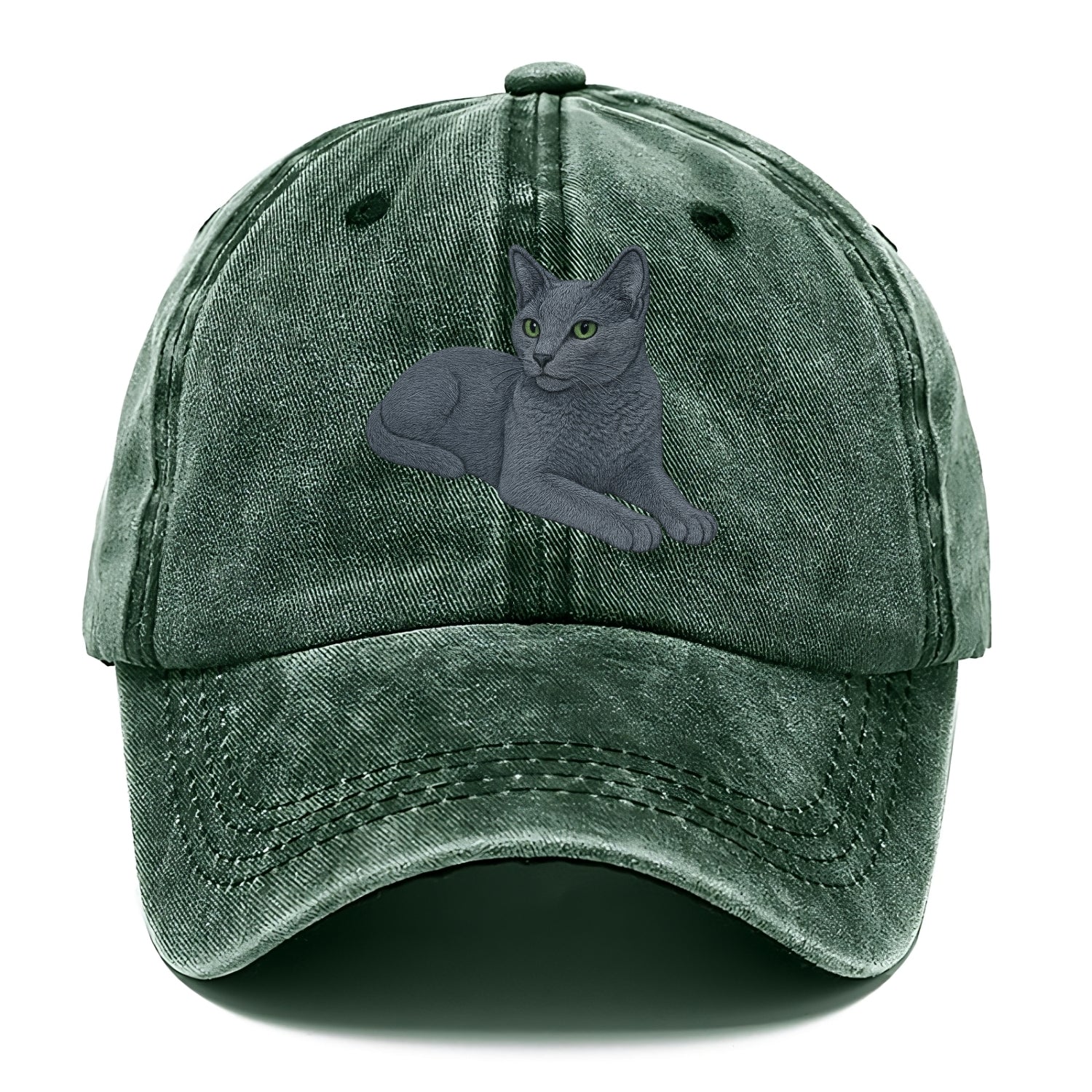 Russian Blue  relaxed lying down with he Classic Cap - Forest Mist(Green)