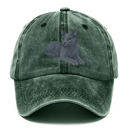 Russian Blue  relaxed lying down with he Classic Cap - Forest Mist(Green)