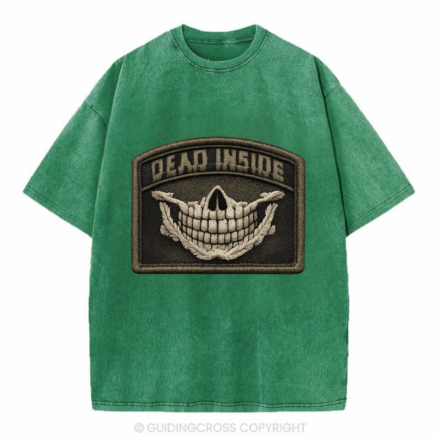 DEAD INSIDE SMILE - skeleton smile in white , dark humor - Vintage T-shirt - Forest Mist(Green)