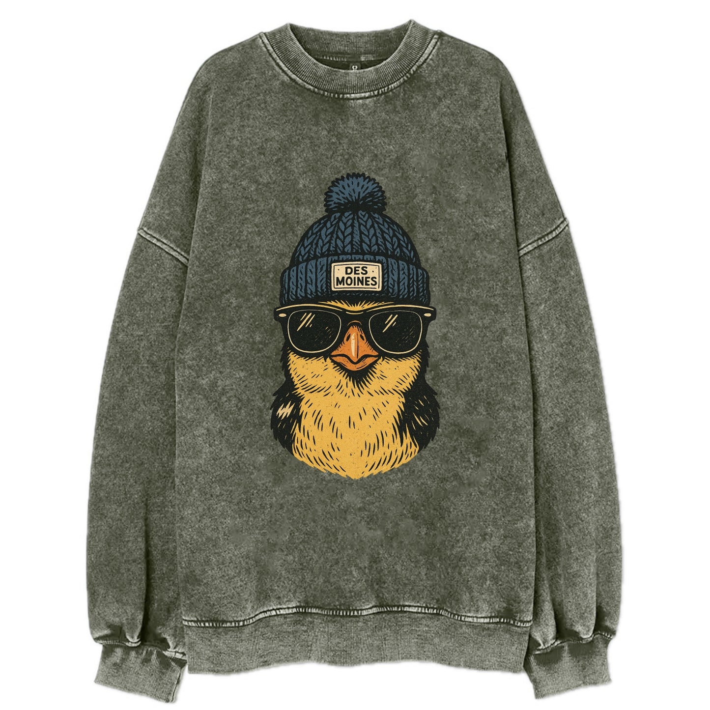 Iowa Goldfinch wearing Des Moines beanie with pom pom and wayfarer sunglasses - Vintage Sweatshirt - Forest Mist(Green)