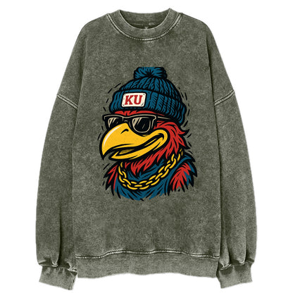 Lawrence Jayhawk wearing Kansas beanie with KU patch - Vintage Sweatshirt - Forest Mist(Green)