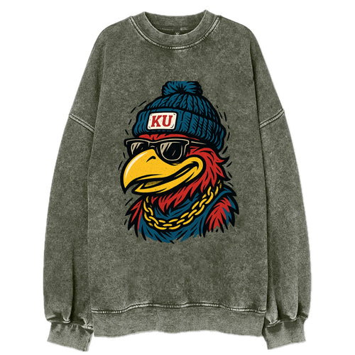 Lawrence Jayhawk wearing Kansas beanie with KU patch - Vintage Sweatshirt
