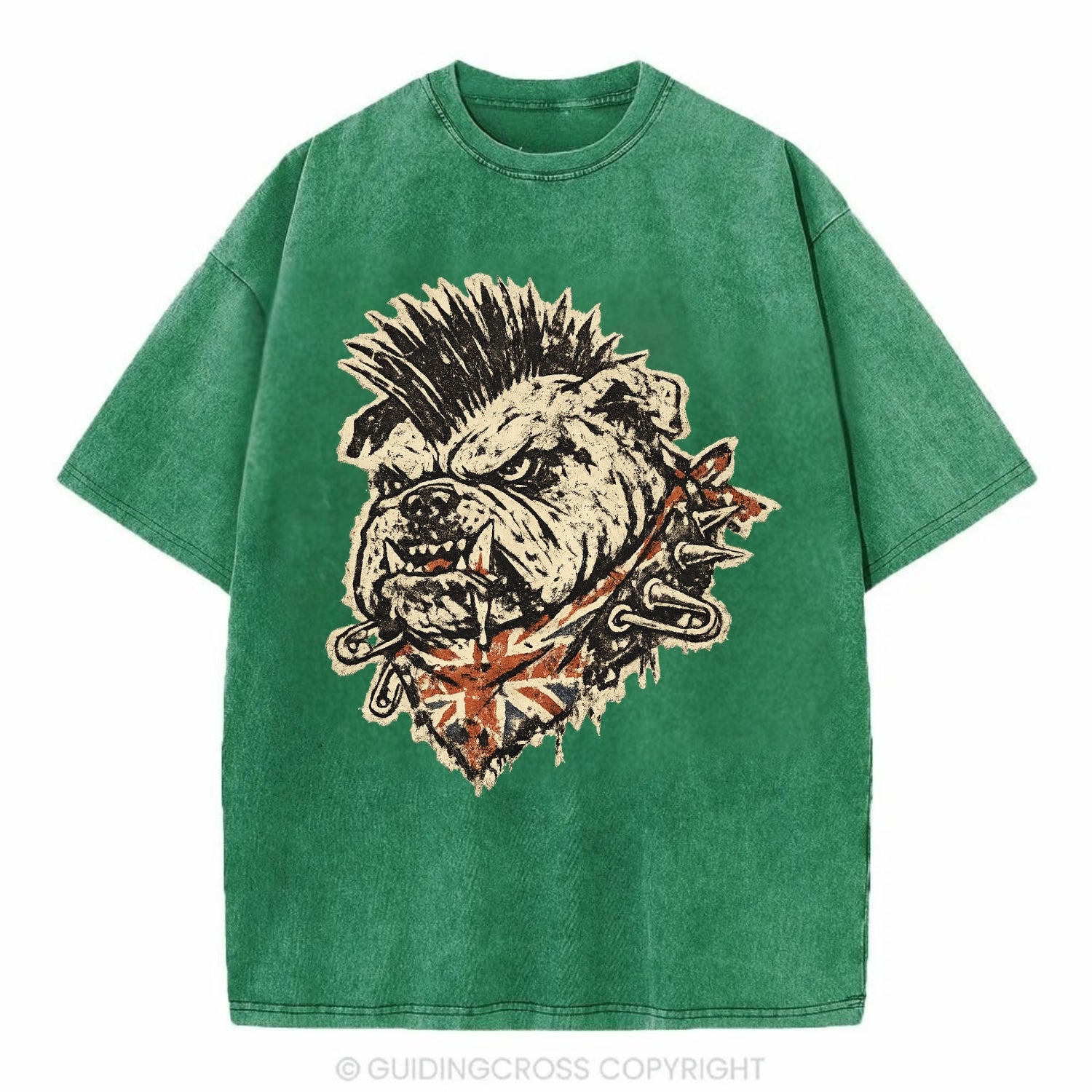 PUNK BULLDOG | British bulldog with mohawk | Safety pins through collar | Union - Vintage T-shirt - Forest Mist(Green)
