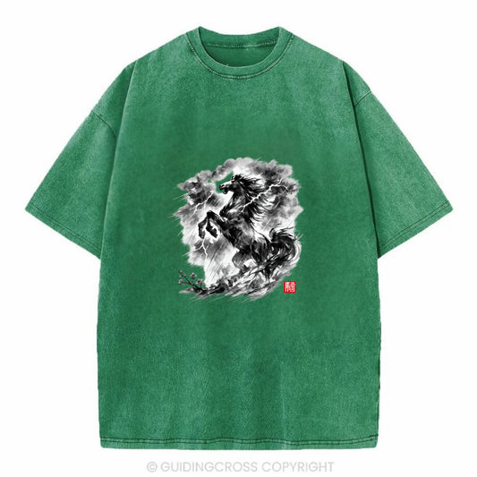 THUNDER HORSE | Storm horse with lightning elements | Dramatic storm clouds - Vintage T-shirt - Forest Mist(Green)