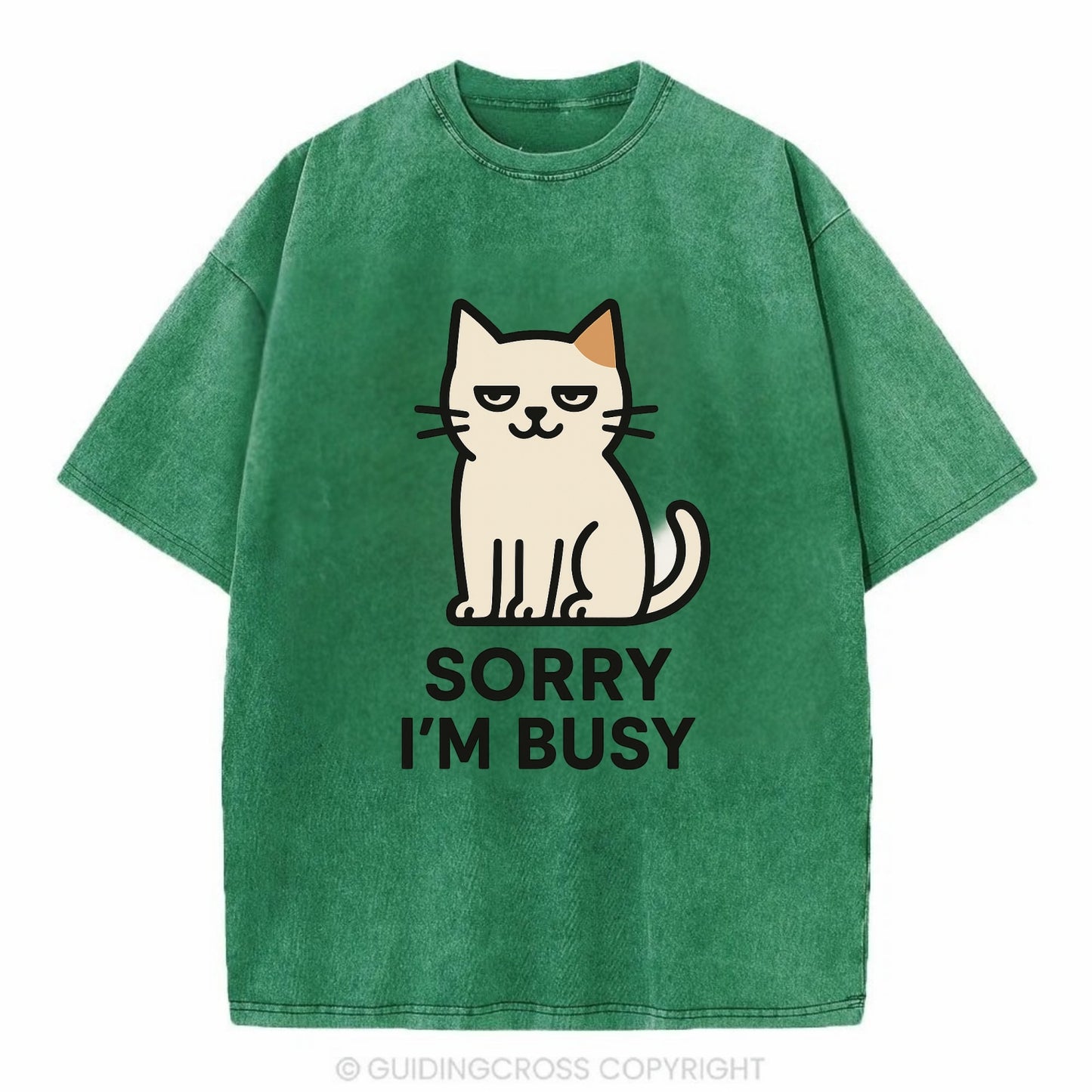 Cat sitting alone looking content - "SORRY I'M BUSY" - not sorry at all - Vintage T-shirt - Forest Mist(Green)