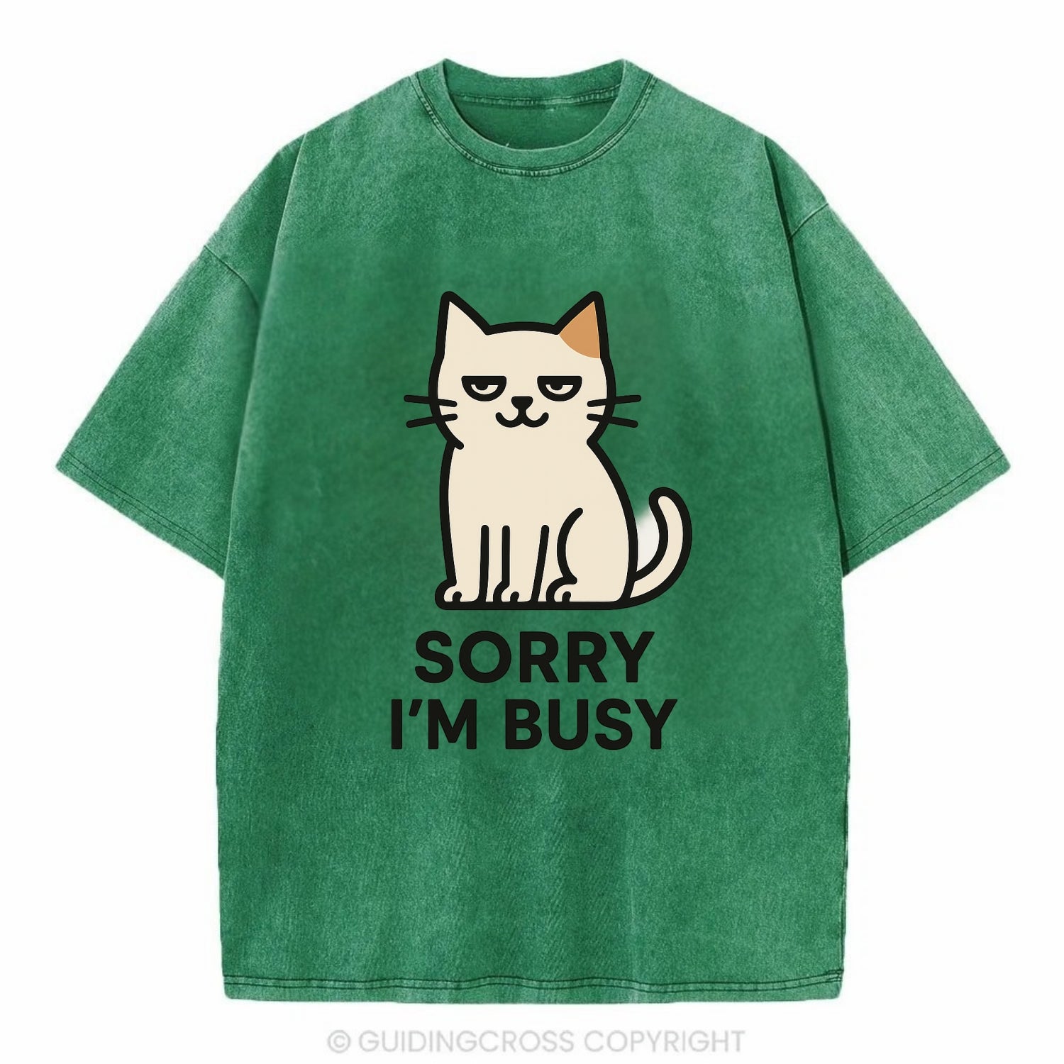 Cat sitting alone looking content - "SORRY I'M BUSY" - not sorry at all - Vintage T-shirt - Forest Mist(Green)