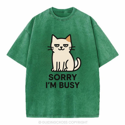 Cat sitting alone looking content - "SORRY I'M BUSY" - not sorry at all - Vintage T-shirt - Forest Mist(Green)