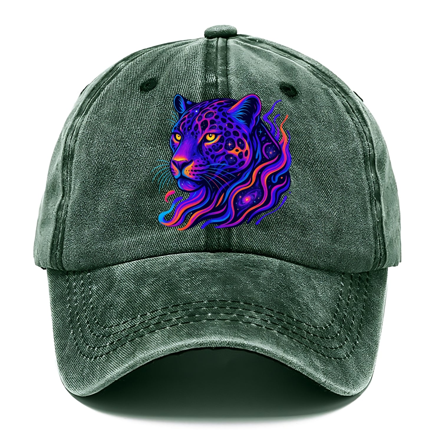 Powerful jaguar with rosettes containing miniature galaxies, cosmic purple and orange - Classic Cap - Forest Mist(Green)