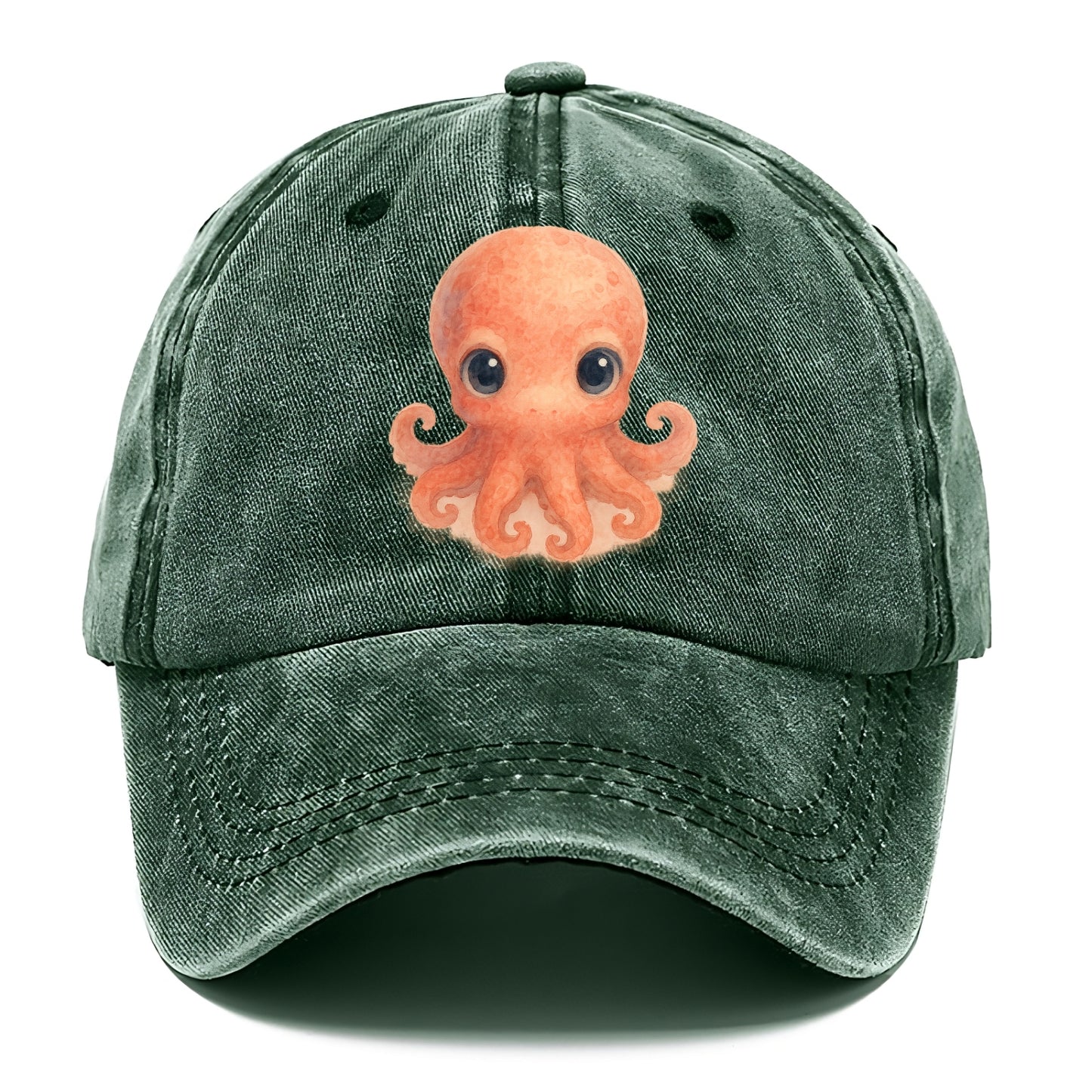 Baby Octopus - red-orange, eight tiny tentacles curled, large intelligent eyes, - Classic Cap - Forest Mist(Green)