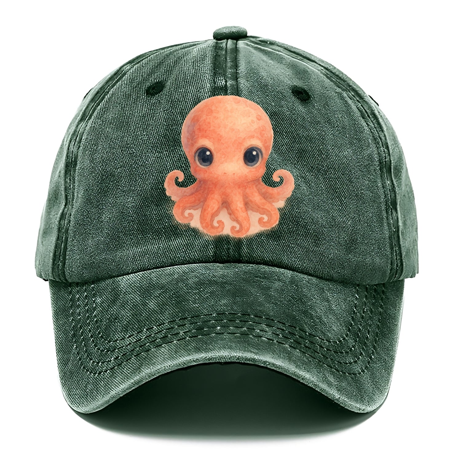Baby Octopus - red-orange, eight tiny tentacles curled, large intelligent eyes, - Classic Cap - Forest Mist(Green)