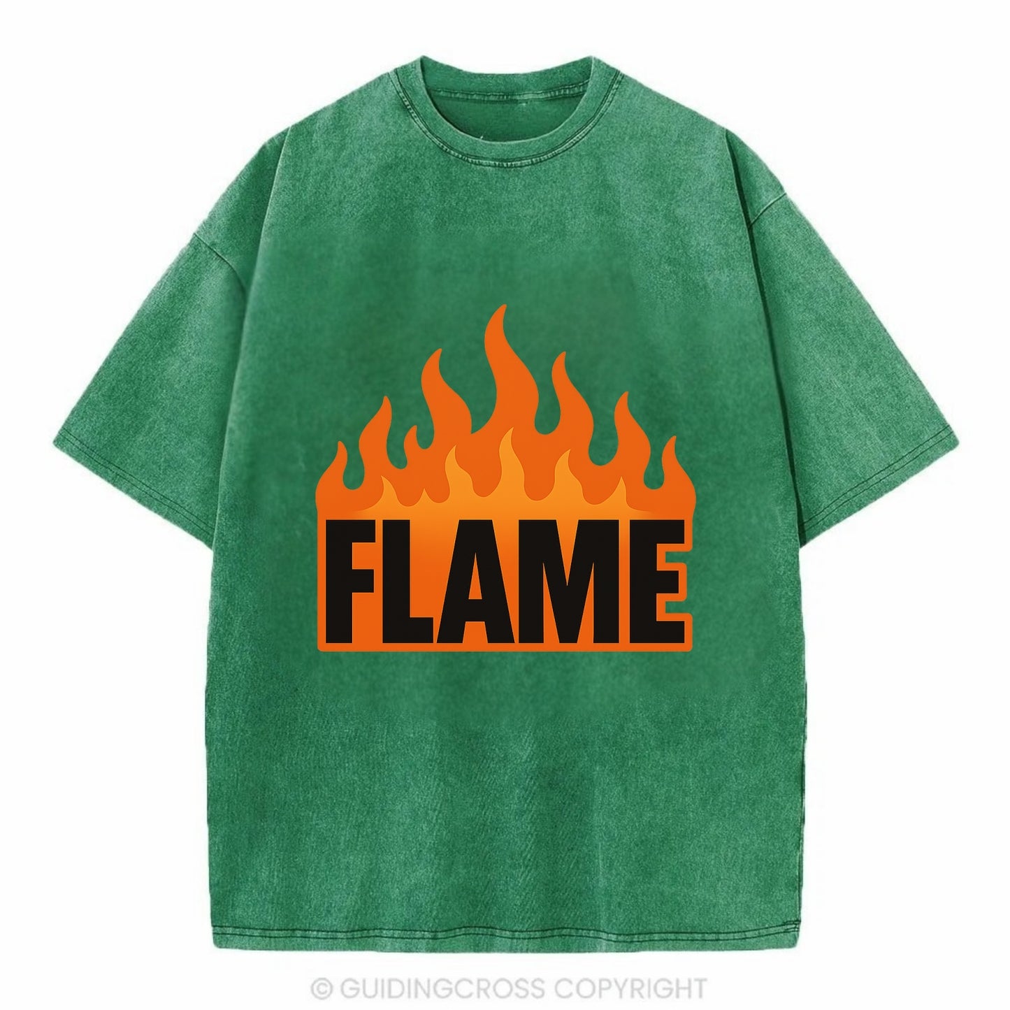 Bold typography design - "FLAME" - burning bright, passionate - Vintage T-shirt - Forest Mist(Green)