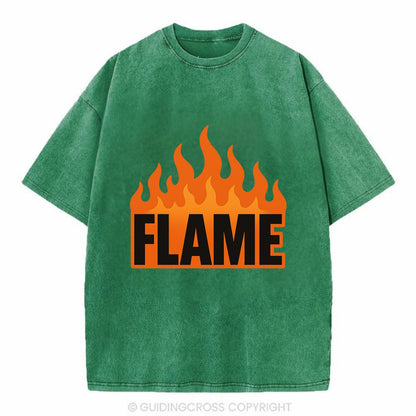 Bold typography design - "FLAME" - burning bright, passionate - Vintage T-shirt - Forest Mist(Green)