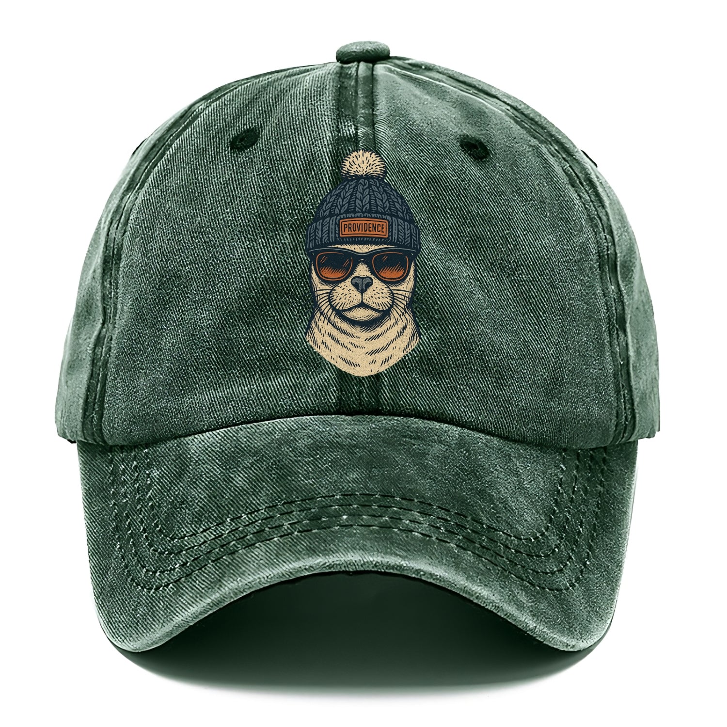 Rhode Island Harbor Seal wearing Providence beanie with pom pom and wayfarer - Classic Cap - Forest Mist(Green)