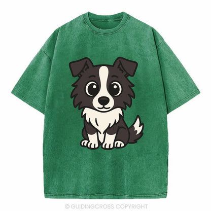 Border Collie - Intense stare sitting pose - Vintage T-shirt - Forest Mist(Green)