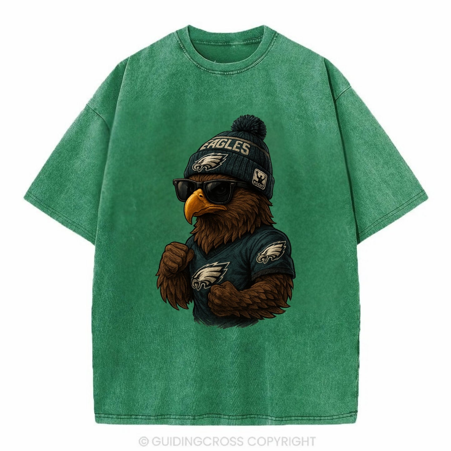Philly Hawk wearing Eagles beanie with Rocky patch and wayfarer sunglasses - Vintage T-shirt - Forest Mist(Green)