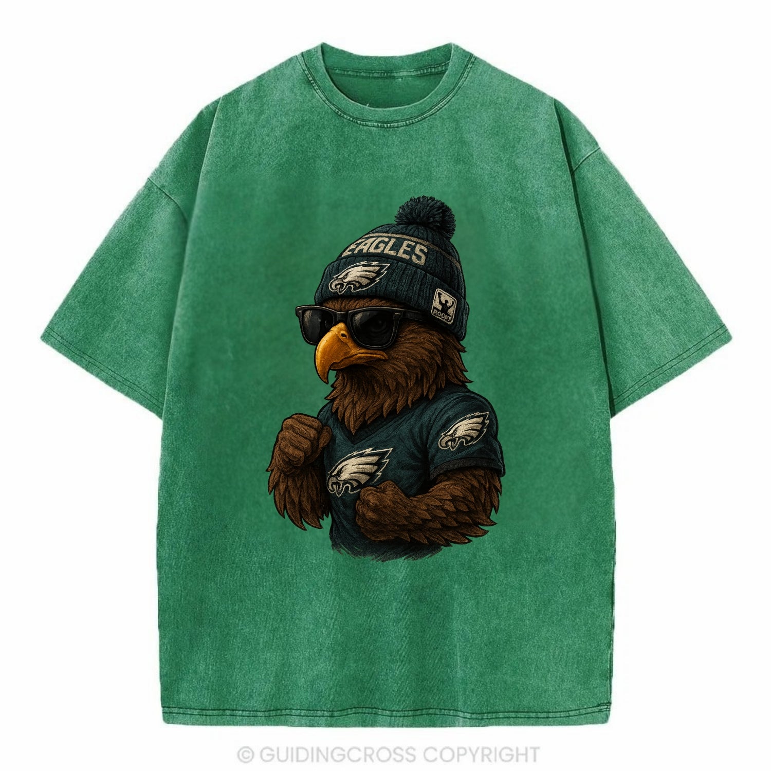Philly Hawk wearing Eagles beanie with Rocky patch and wayfarer sunglasses - Vintage T-shirt - Forest Mist(Green)