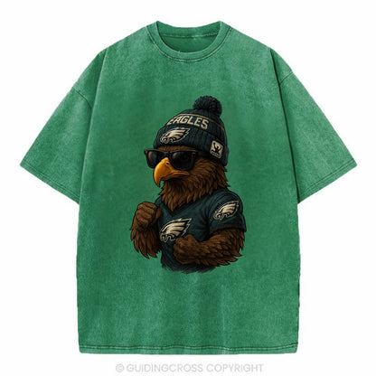 Philly Hawk wearing Eagles beanie with Rocky patch and wayfarer sunglasses - Vintage T-shirt - Forest Mist(Green)